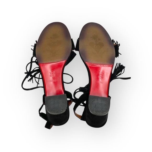 Fringe Block Heel Ankle Strap Sandals ꧁ Black Suede ꧁ 9.5M 260 ꧁ Leather Sole ꧂ - Picture 12 of 16